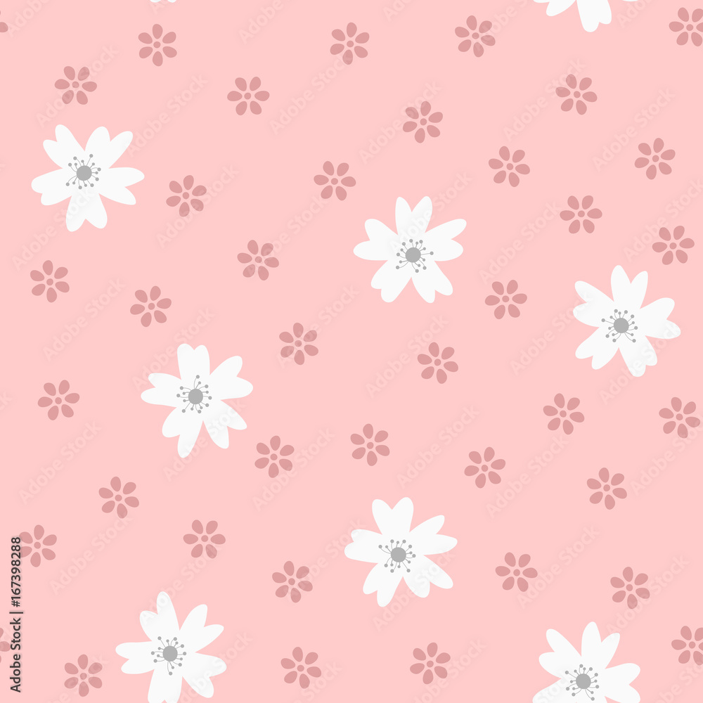 Cute seamless pattern with flowers. Drawn by hand. Pink, white, gray, purple colour. Cute seamless pattern with flowers. Drawn by hand. Pink, white, gray, purple colour.