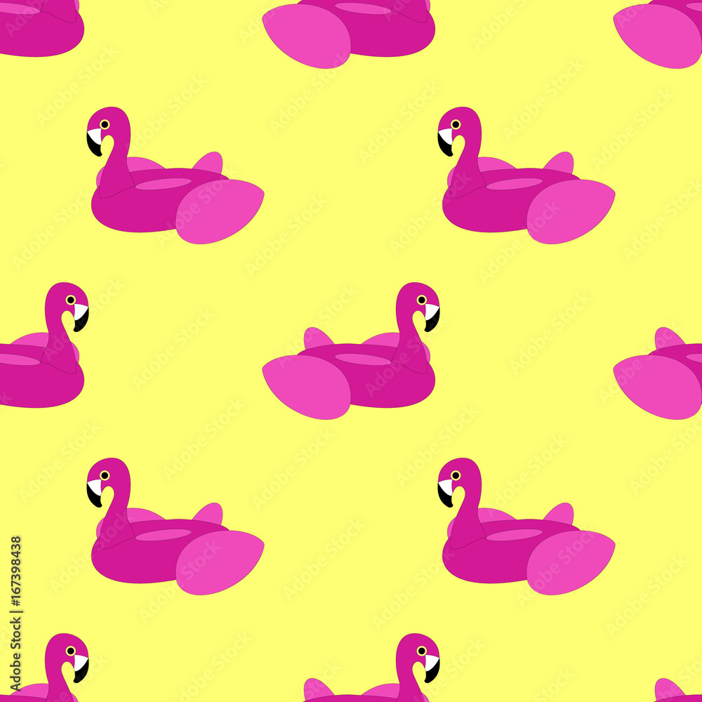 Obraz premium Pink Flamingo Float Seamless Pattern on Bright Yellow