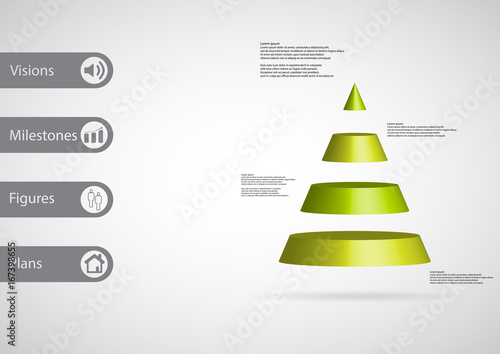 3D illustration infographic template with triangle horizontally divided to four green slices