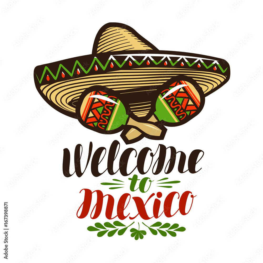 to Mexico, banner. Sombrero and maracas icon. Lettering
