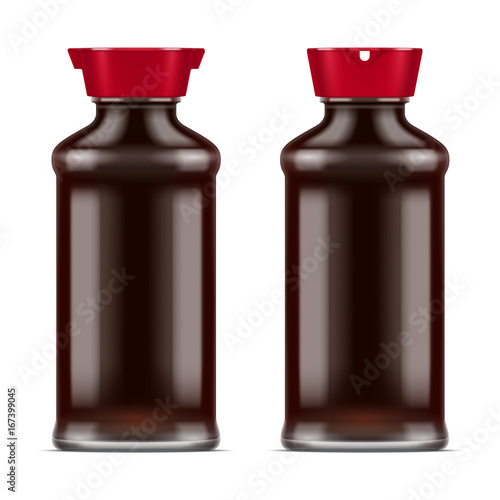 Vector full glass soy sauce bottle isolated on white background.