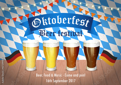 Oktoberfest beer festival - vector illustration with 4 beer glass with different kind of beer on the table, bavarian flag background, German flags and hanging party decoration