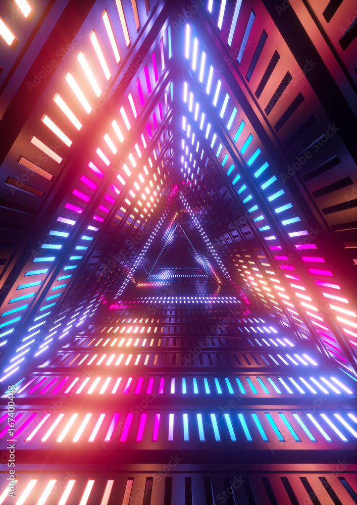 3d render, neon lights, triangle tunnel, abstract geometric background