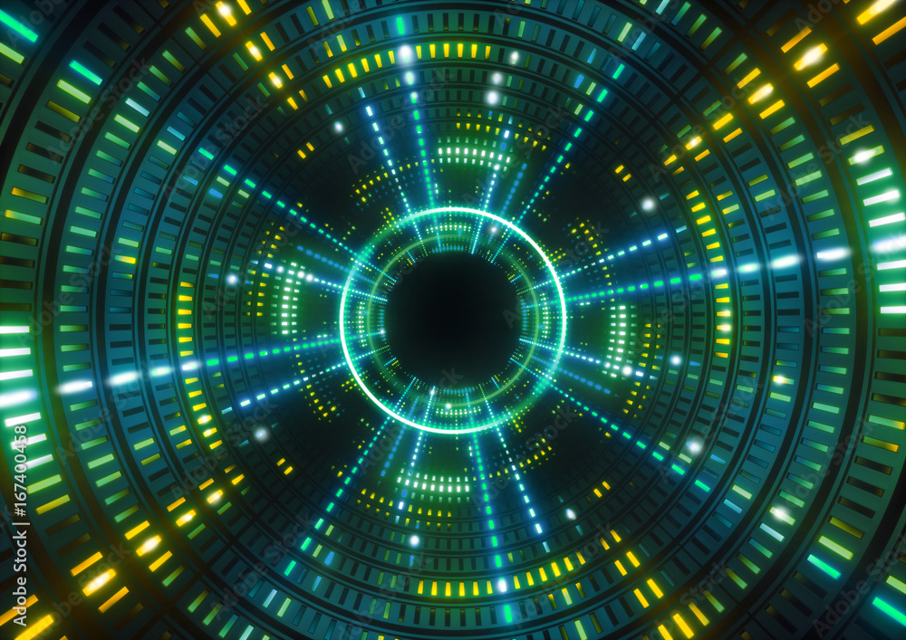 Fototapeta premium 3d render, green neon lights, round green tunnel, abstract geometric background