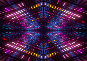 3d render, pink blue yellow neon lights, bright colorful tunnel, abstract geometric background