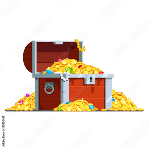 Open pirate treasure chest full of gold coins