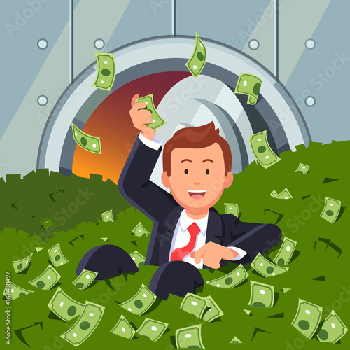 Businessman inside bank vault lying in dollar cash