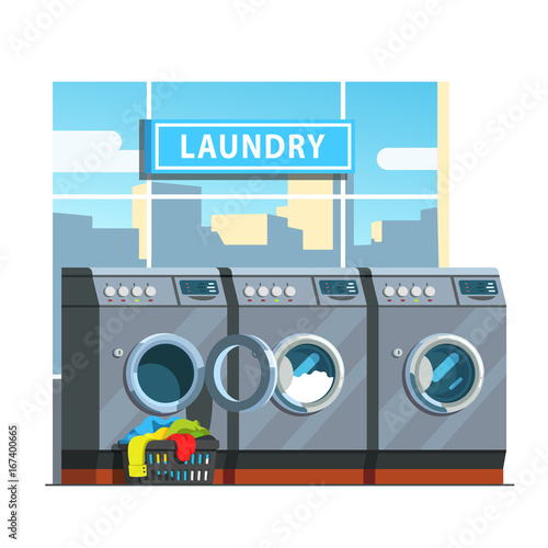 Public laundromat line of washing machines