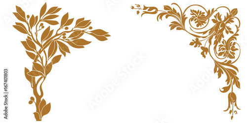 Set of golden vintage baroque ornament, corner. Retro pattern antique style acanthus. Decorative design element filigree calligraphy vector. - stock vector photo