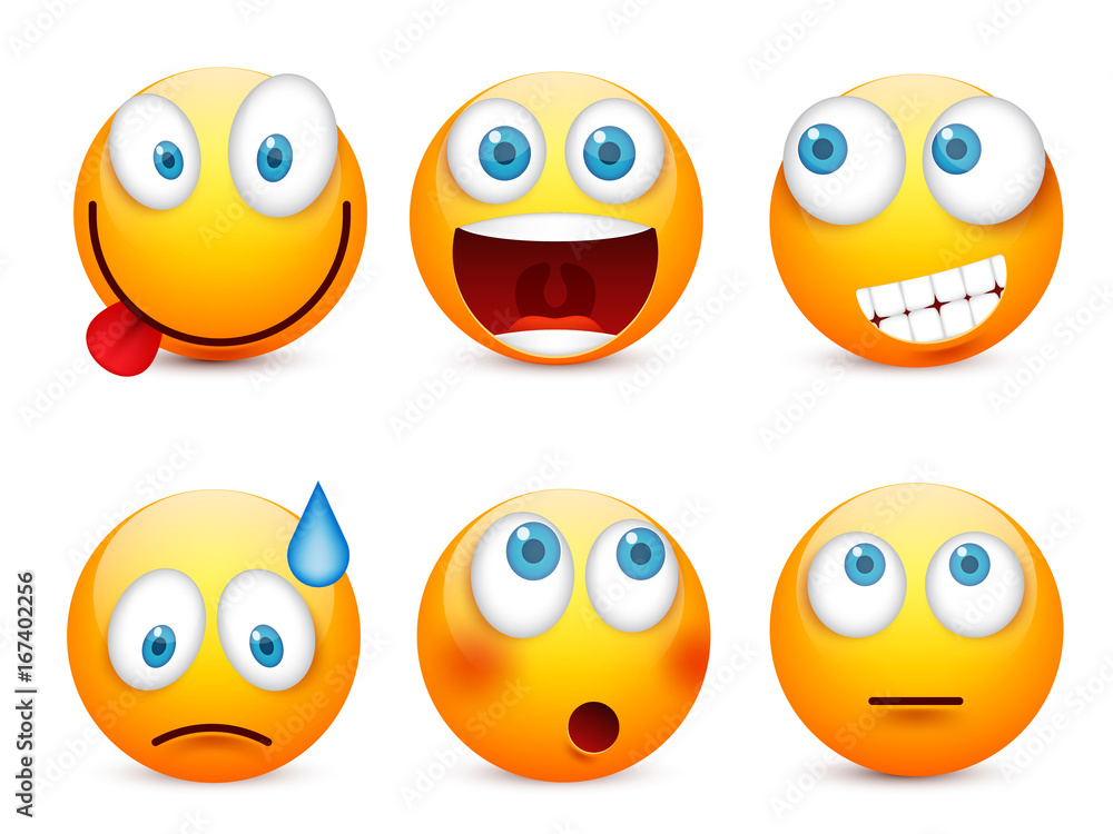 Smiley with blue eyes,emoticon set. Yellow face with emotions. Facial ...