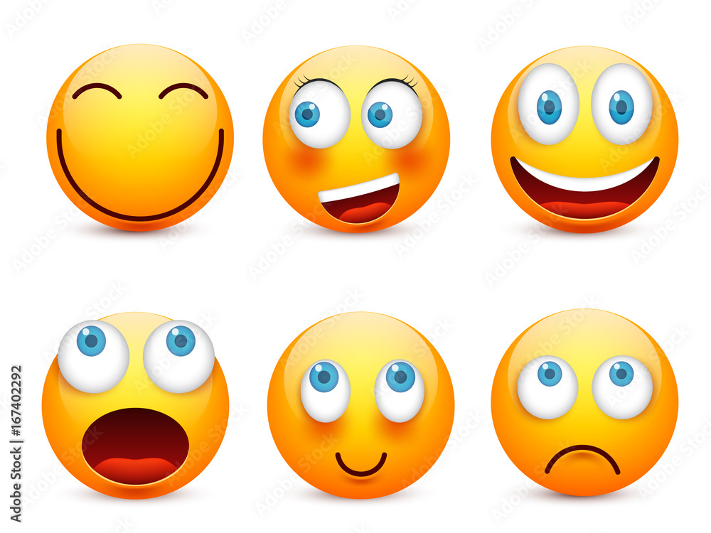 Smiley with blue eyes,emoticon set. Yellow face with emotions. Facial expression. 3d realistic emoji. Sad,happy,angry faces.Funny cartoon character.Mood.Vector illustration. Smiley with blue eyes,emoticon set. Yellow face with emotions. Facial expression. 3d realistic emoji. Sad,happy,angry faces.Funny cartoon character.Mood.Vector illustration.
