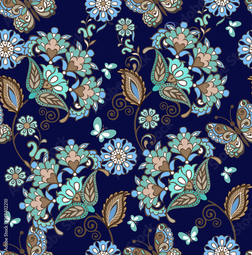 Elegant seamless pattern with fantastic flowers in blue colors. Decorative ornament for fabric, textile, wrapping paper. Traditional oriental seamless paisley pattern