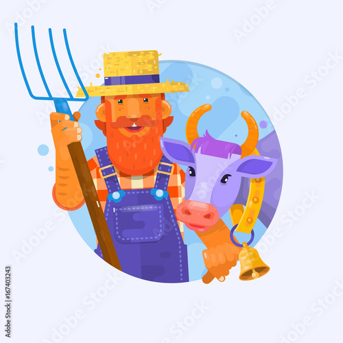 Cute cartoon farmer w with smiling cow. Characters for mascot design. Vector illustration