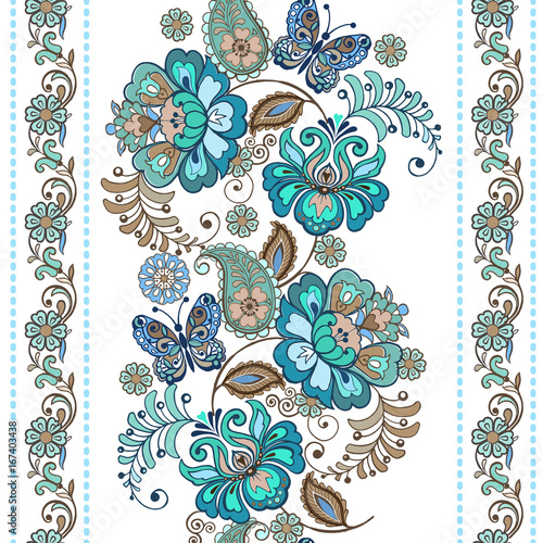 Striped pattern with flowers. Fantastic floral seamless ornament with decorative butterflies. Vintage flowers seamless ornament in blue colors. Floral wallpaper