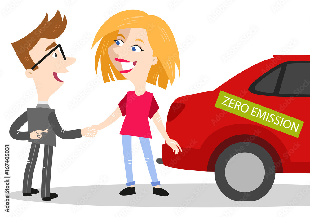 Vector illustration of cartoon car salesman shaking woman's hand selling car  labeled zero emission while crossing fingers behind his back Stock Vector |  Adobe Stock