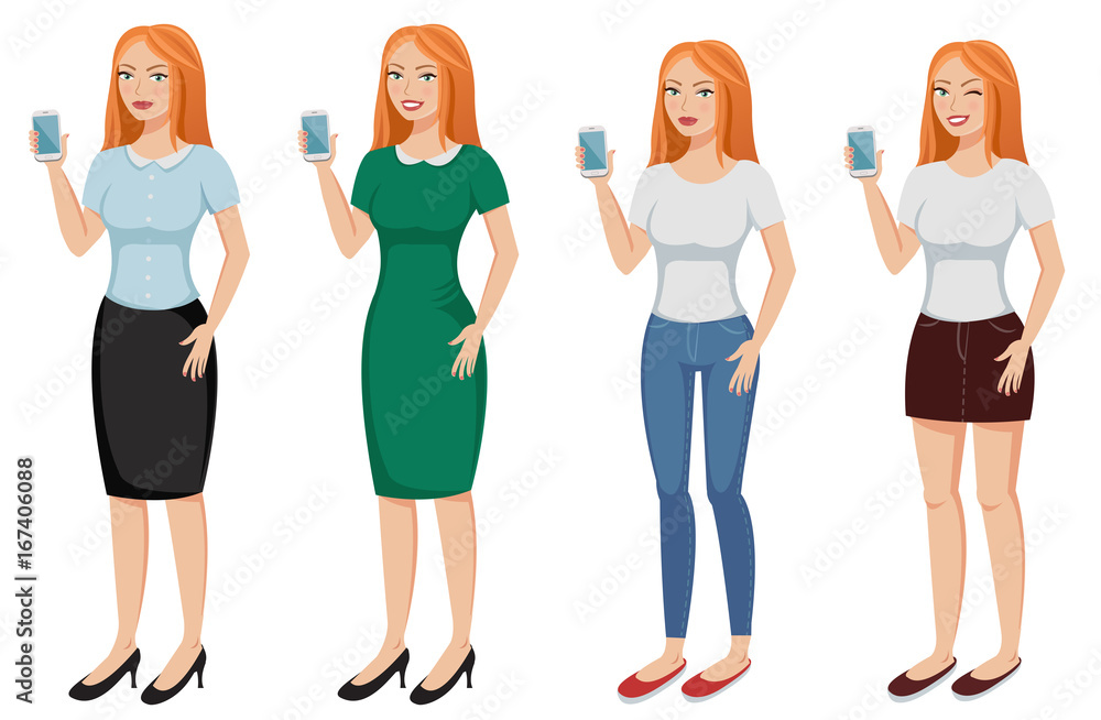 Fototapeta premium Pretty redhead young woman with smart phone in her hand in different clothes and emotions: serious, smiling, winking.