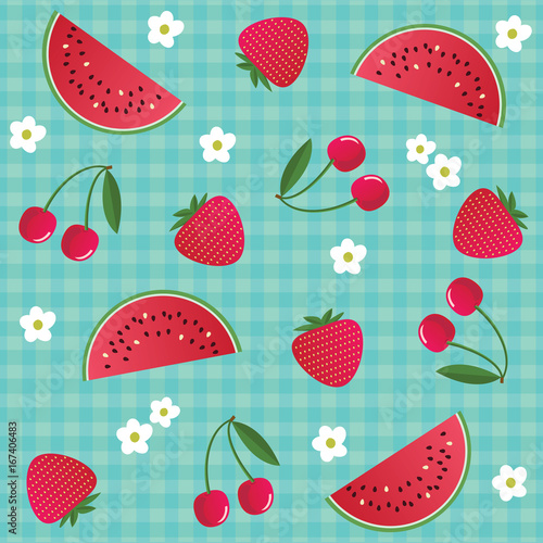 Colorful bright fruit pattern with strawberry, cherry and watermelon on a green background. Vector illustration