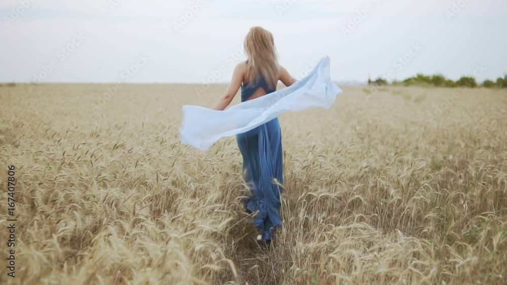 Back view of attractive young woman in a long blue dress running through golden wheat field holding a shawl in her hands. The shawl is waving in the wind. Freedom concept. Slowmotion shot Back view of attractive young woman in a long blue dress running through golden wheat field holding a shawl in her hands. The shawl is waving in the wind. Freedom concept. Slowmotion shot