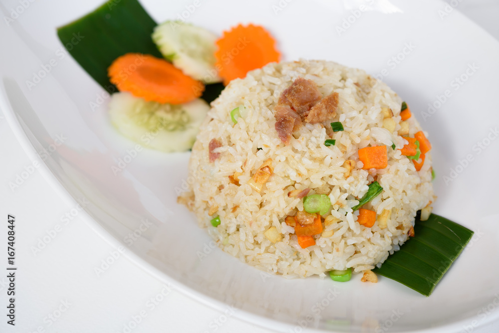 salt fish fry rice on white background