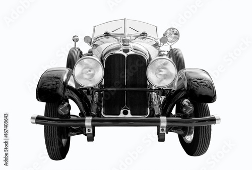 Black vintage car shot on white background