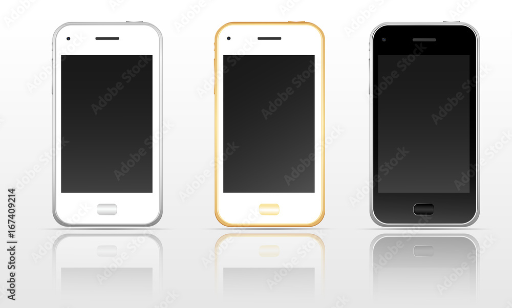The color concept of modern phones with empty screens, realistic white, gold and black mobile templates on a light background. High quality vector illustration. The color concept of modern phones with empty screens, realistic white, gold and black mobile templates on a light background. High quality vector illustration.
