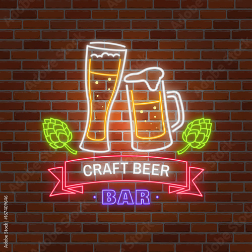 Retro neon Beer Bar sign on brick wall background.