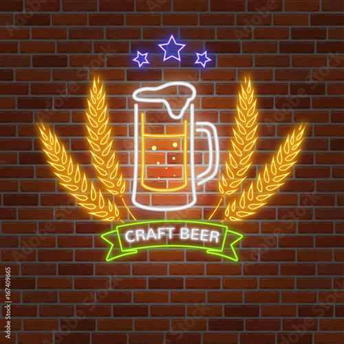 Retro neon Beer Bar sign on brick wall background.