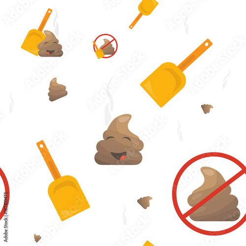 Poop Emoji Seamless Vector Pattern: poo mascot or shit character, shovel and no pooping sign. Trendy bizarre Poop or poo emoticon wallpaper.