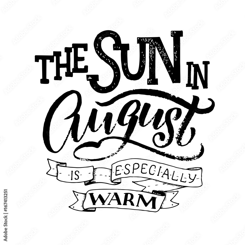 Cute minimalistic name of month - august. Hand written summer lettering on isolated background.