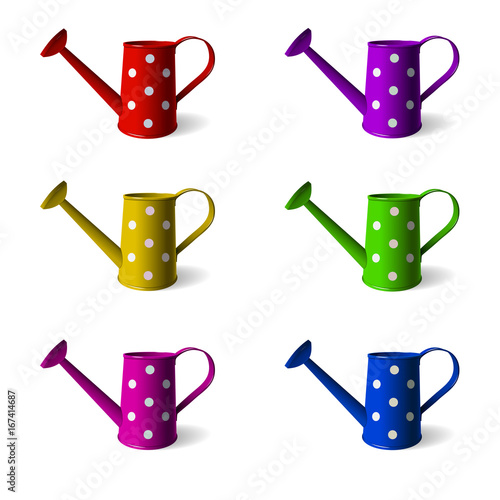 Watering can. Set of children s watering cans in different colors. Isolated objects. White background. Vector