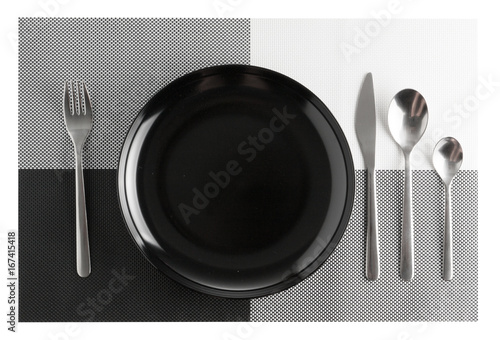 silverware or flatware set and plates isolated on white