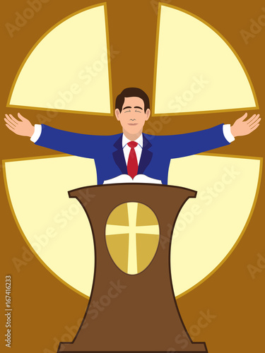 Flat Vector Preacher is spreading his arms during worship service