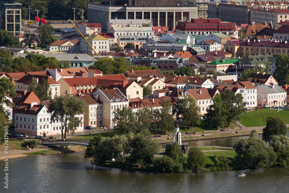 Aerial view of the Trinity Hill (another name Trinity Suburb or Trojeckaje Pradmiescie). Is the oldest surviving district of Minsk, Belarus. The historic neighbourhood situated near Svislach River. Aerial view of the Trinity Hill (another name Trinity Suburb or Trojeckaje Pradmiescie). Is the oldest surviving district of Minsk, Belarus. The historic neighbourhood situated near Svislach River.