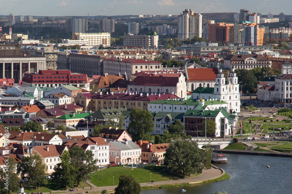 Aerial view of the Liberty Square and old churches in the historic center of Minsk (near Trinity Hill and Svislach River). Is the one of old district in the capital of Belarus.