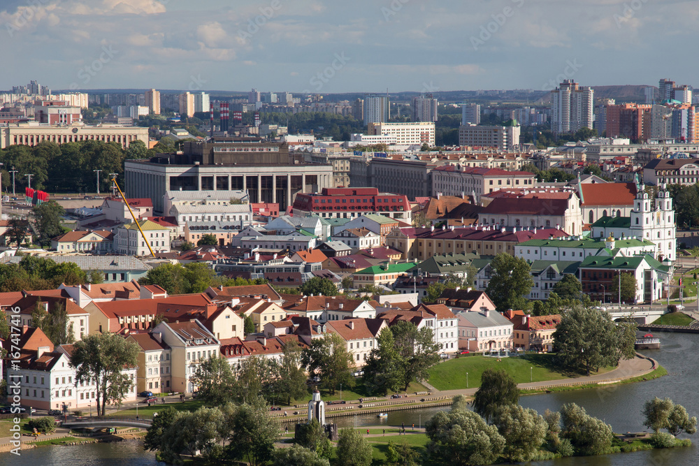 Aerial view of the Trinity Hill (another name Trinity Suburb or Trojeckaje Pradmiescie). Is the oldest surviving district of Minsk. The historic neighbourhood situated near Svislach River.