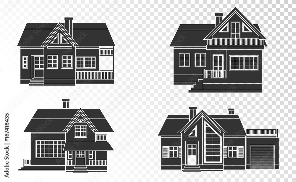 Vector set of private houses linear on a transparent background. Black silhouette.