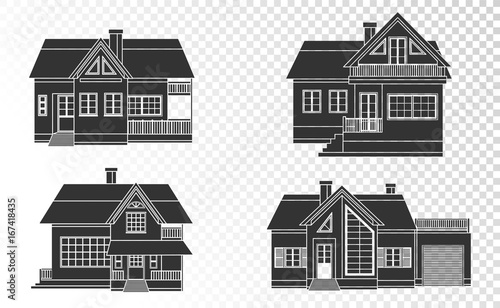 Vector set of private houses linear on a transparent background. Black silhouette.
