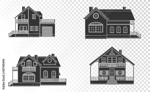 Vector set of private houses linear on a transparent background. Black silhouette.
