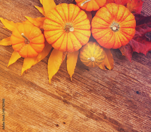orange pumpkins with fall leaves border on wooden textured table, top view, retro toned