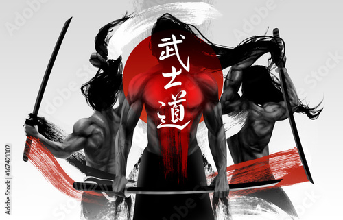 Canvas Print Illustration of black and white muscular samurai figures posing with swords and red striped grunge lines, Bushido word - a Japanese term describing a codified samurai way of life