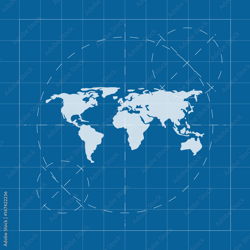 Vector blueprint world map on engineer and architect background . Stock