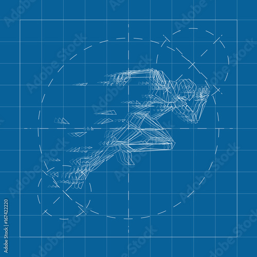 Vector blueprint running man in polygon style on engineer and architect background .
