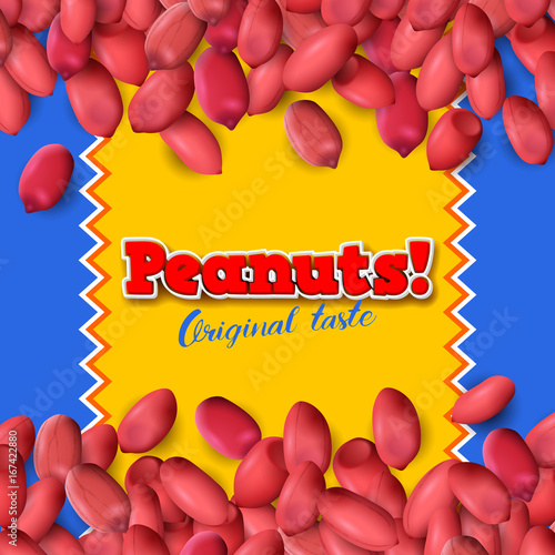Arachis or peanuts background with red scattered nuts and beans