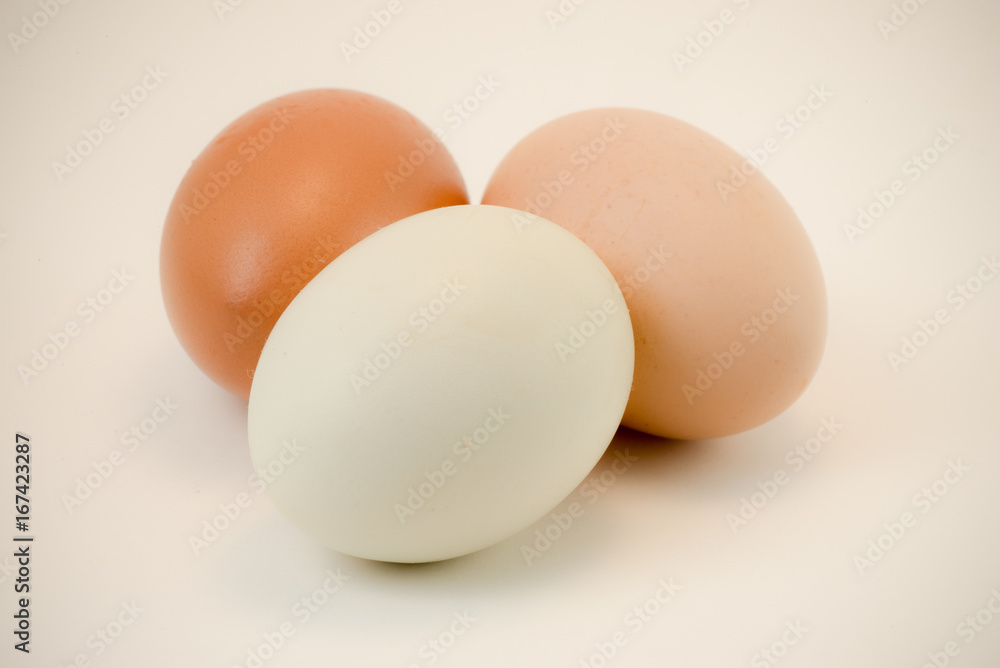 horizontal close up of fresh brown eggs on seamless white background. A healthy protein source by farm raised, free range chickens. room for copy
