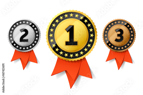 Champions gold, silver and bronze award medals with red ribbon. First, second and third places awards