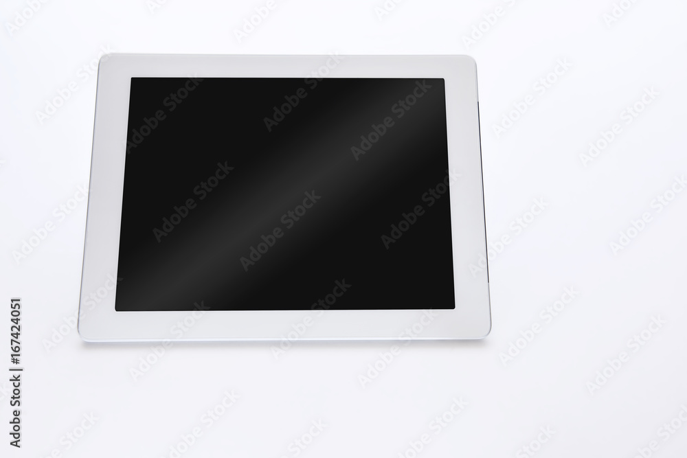 Perspective of white computer tablet isolated on white background, input text idea Perspective of white computer tablet isolated on white background, input text idea
