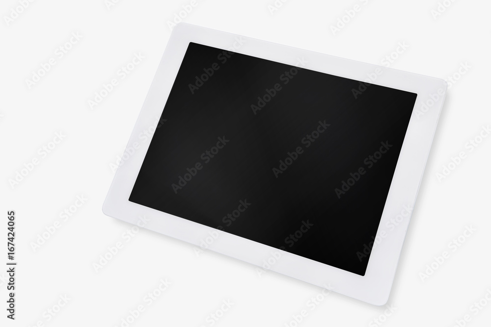 Perspective of white computer tablet isolated on white background, input text idea Perspective of white computer tablet isolated on white background, input text idea