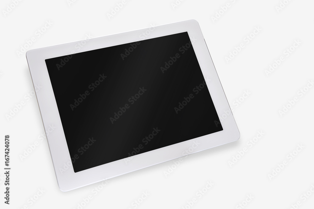 Perspective of white computer tablet isolated on white background, input text idea Perspective of white computer tablet isolated on white background, input text idea