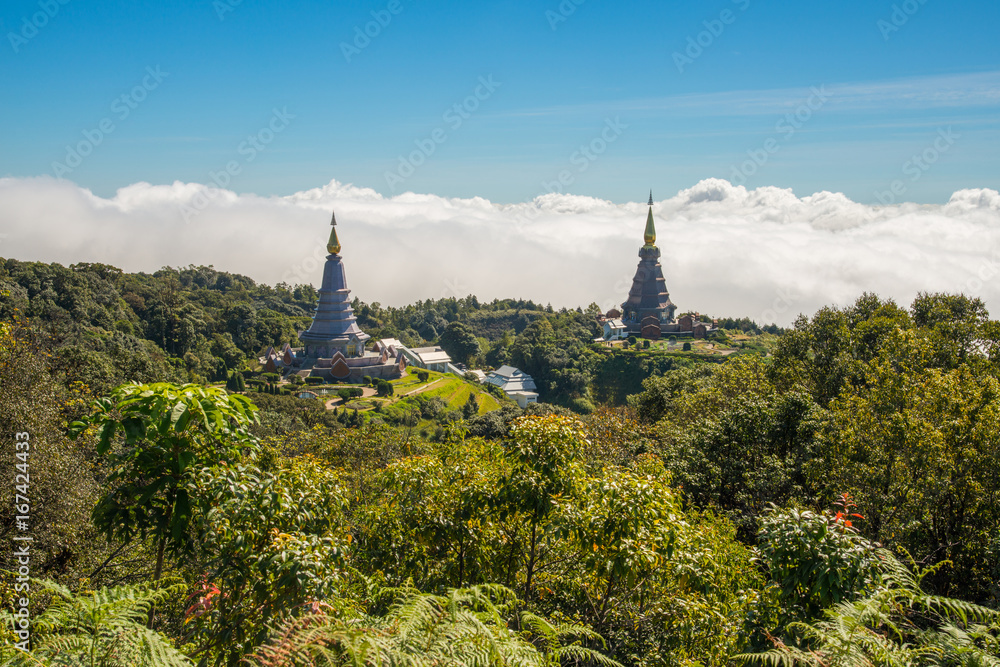 The twin pagoda of King and Queen of Thailand on Doi Inthanon the highest mountains in Thailand (2,565 metres) view from Kew Mae Pan nature trails.
