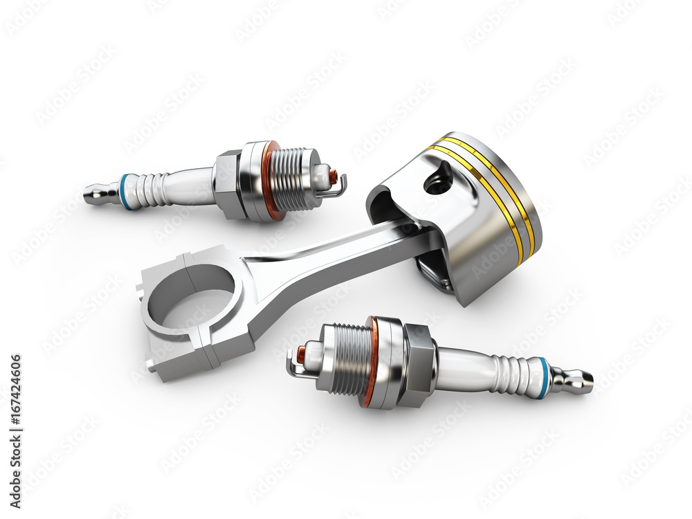 engine piston and spark plugs, isolated white, 3d illustration engine piston and spark plugs, isolated white, 3d illustration